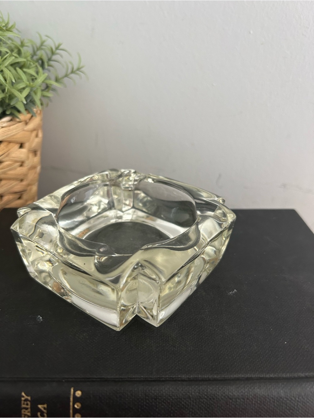 Vintage MCM Clear Glass Square Cross Cigar or Cigarette Ashtray 3.75” Heavy